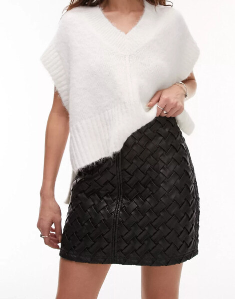 Topshop premium weave mini skirt in black