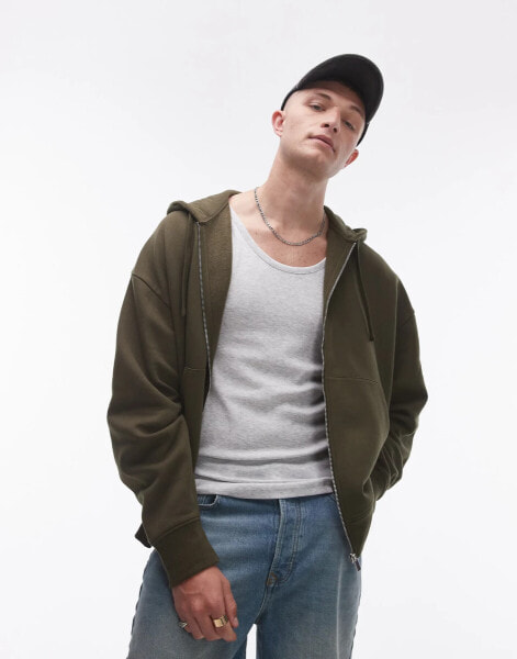 Topman relaxed fit full zip hoodie in khaki