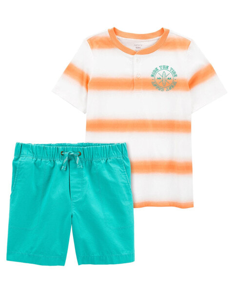 Kid 2-Piece Striped Jersey Henley & Pull-On Canvas Shorts Set 4