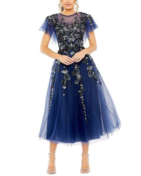 Mac Duggal Flutter Sleeve High Neck Embellished Floral Dress Women's