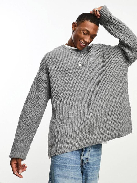 ASOS DESIGN wool mix heavyweight rib jumper with side splits in light grey