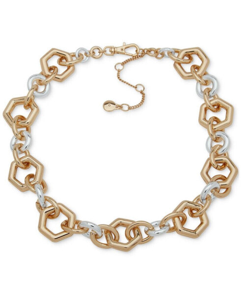 Two-Tone Circle & Hexagon Link Collar Necklace, 16" + 3" extender