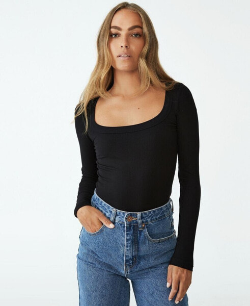 Women's Staple Rib Scoop Neck Long Sleeve Top