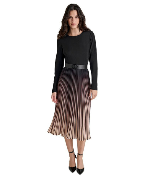 Petite Belted Ombré Long-Sleeve Pleated-Skirt Dress