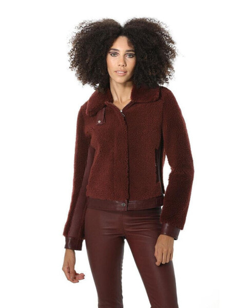 Women's Short Sheepskin Fur Jacket, Outer Burgundy Curly Wool