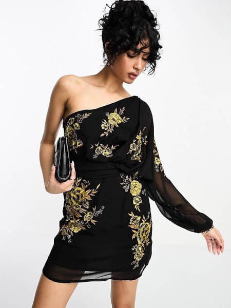 ASOS DESIGN one shoulder chiffon mini dress in black with marigold floral artwork