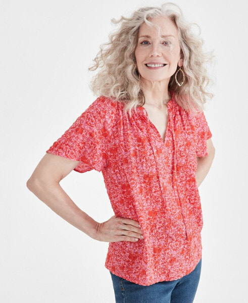 Women's Printed Seersucker Split-Neck Top, Created for Macy's