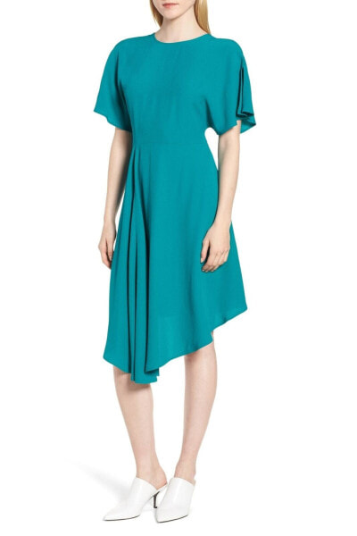 Lewit 154971 Women's Asymmetrical Slit Sleeve Crepe Dress Teal Fanfare Sz. 12