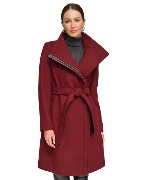 Women's Asymmetrical Belted Funnel-Neck Wool Blend Coat