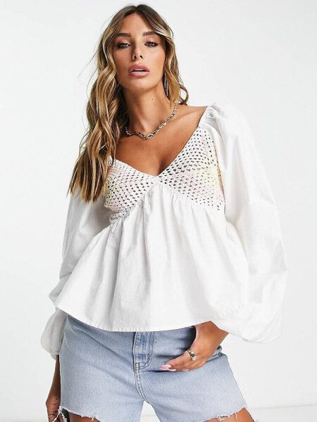 ASOS DESIGN v neck crochet top with frill sleeve and peplum hem in mixed pastel 