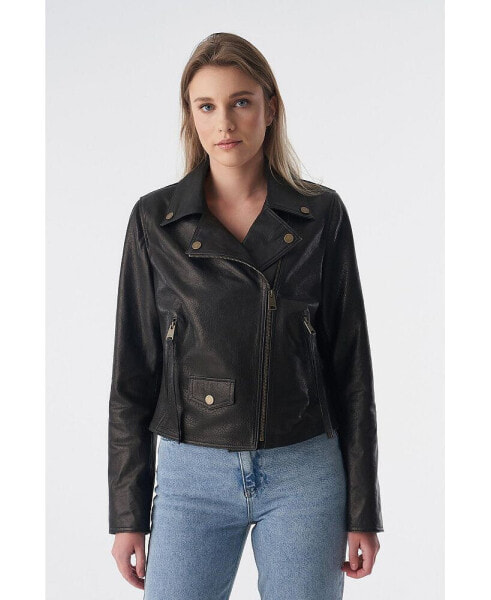 Women's Classic Biker Jacket, Natural Grain Black