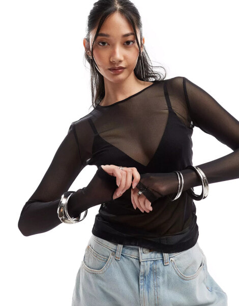 Monki long sleeve sheer top in black