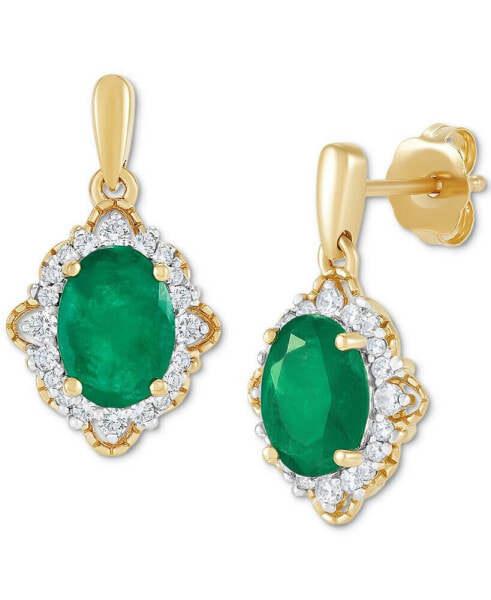 Emerald (1-1/2 ct. t.w.) & Diamond (1/5 ct. t.w.) Vintage Look Oval Halo Drop Earrings in 14k Gold