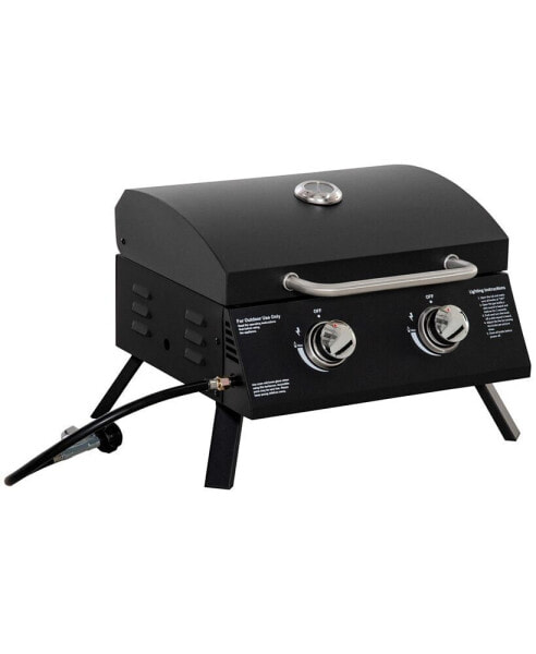 2 Burner Propane Gas Grill Outdoor Portable Tabletop BBQ with Foldable Legs, Lid, Thermometer for Camping, Picnic, Backyard, Black