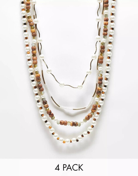 ASOS DESIGN 4 pack necklace set in pearl and bead mix