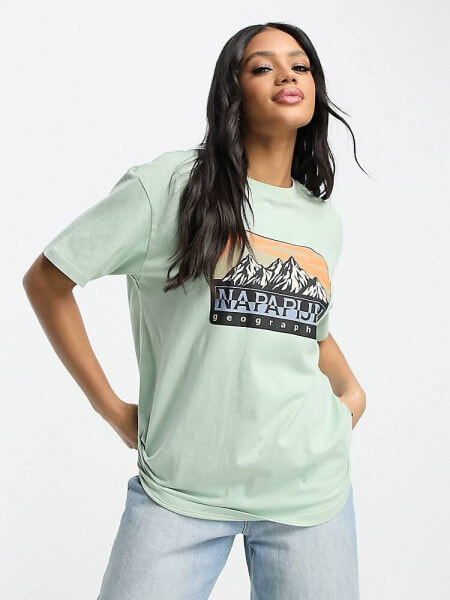 Napapijri Hello chest print boyfriend fit t-shirt in green Exclusive at ASOS