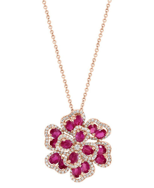 EFFY® Ruby (3-3/4 ct. t.w.) & Diamond (5/8 ct. t.w.) Flower 18"Pendant Necklace in 14k Rose Gold
