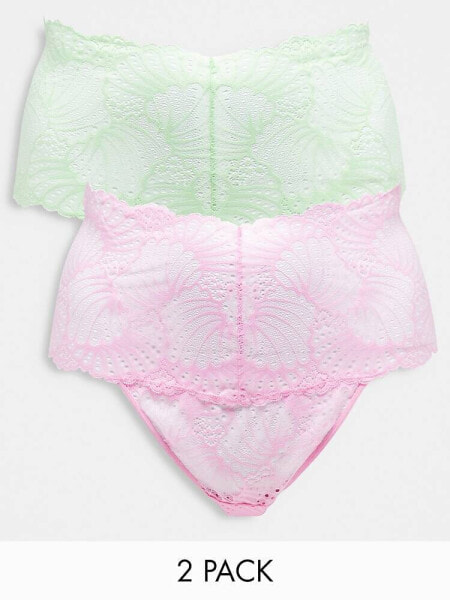 ASOS DESIGN Curve 2 pack deep waist lace thong pack in bubble gum & pistachio