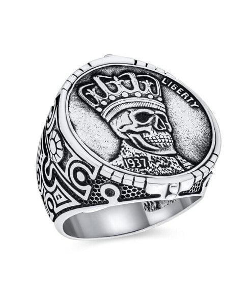 Statement Eagle Head Liberty 1937 Coin Novelty as Men's Punk Rocker Biker Jewelry Gothic Crown Skull Ring For Men Oxidized .925 Sterling Silver