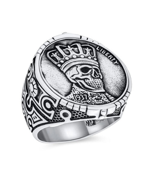 Statement Eagle Head Liberty 1937 Coin Novelty as Men's Biker Jewelry Gothic Crown Skull Ring Oxidized Sterling Silver