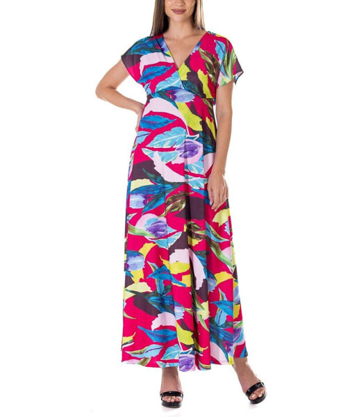 Print V Neck Empire Waist Kimono Cap Sleeve Maxi Dress