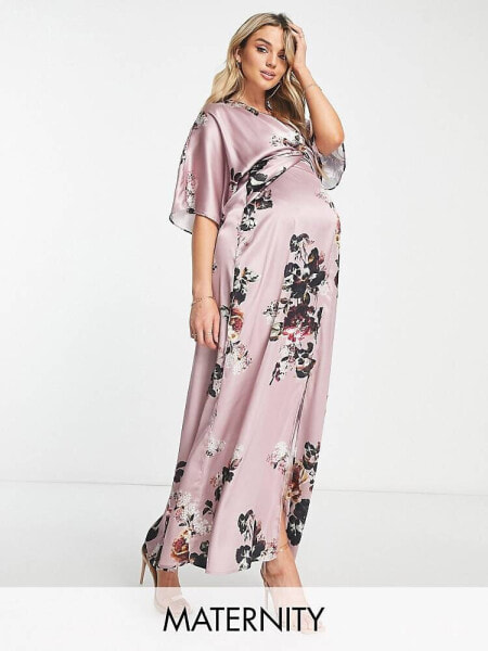 Hope & Ivy Maternity kimono sleeve satin maxi dress in mauve