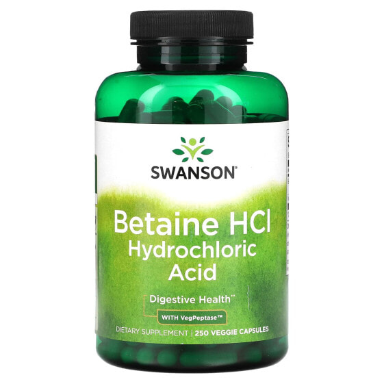 БАД для пищеварительной системы Swanson Betaine HCl Hydrochloric Acid с VegPeptase, 250 вегетарианских капсул