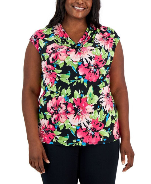 Plus Size Floral Print Cowlneck Cap Sleeve Top