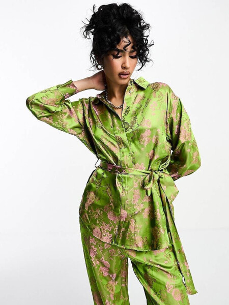 Y.A.S floral jacquard belted shirt co-ord in green and pink 