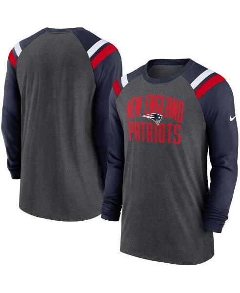 Men's Heathered Charcoal, Navy New England Patriots Tri-Blend Raglan Athletic Long Sleeve Fashion T-shirt
