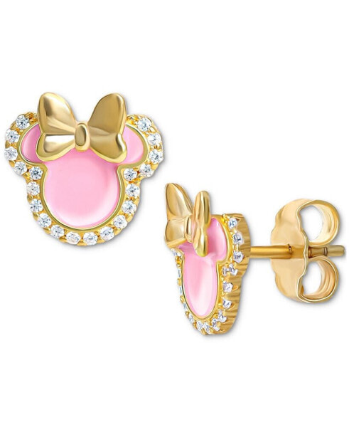 Cubic Zirconia & Pink Enamel Minnie Mouse Stud Earrings in 18k Gold-Plated Sterling Silver