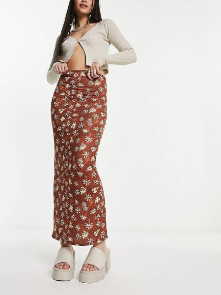 Daisy Street jersey maxi skirt in brown tie dye floral