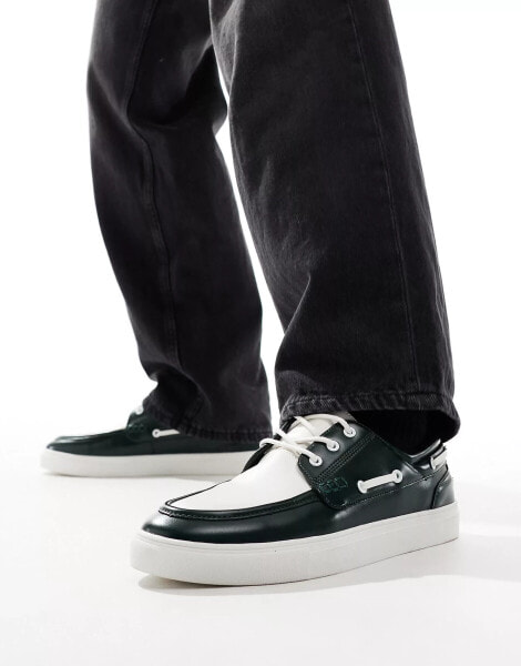 ASOS DESIGN boat shoes in green and white faux leather