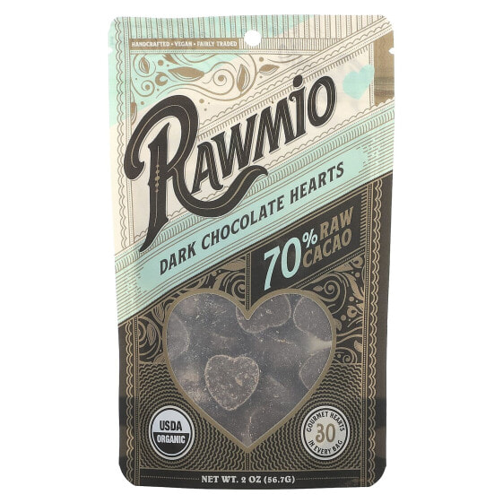 Rawmio, Сердечки из темного шоколада, 70% сырого какао, 56,7 г (2 унции)