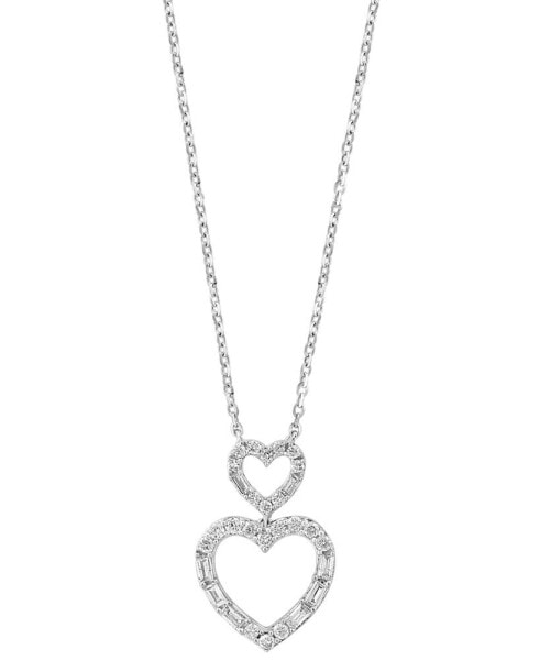 EFFY® Diamond Round & Baguette Double Heart Pendant Necklace (1/4 ct. t.w.) in 14k White Gold, 17-1/2" + 1/2" extender