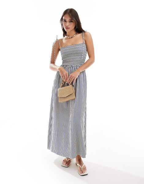 Stradivarius seersucker midi dress in stripe