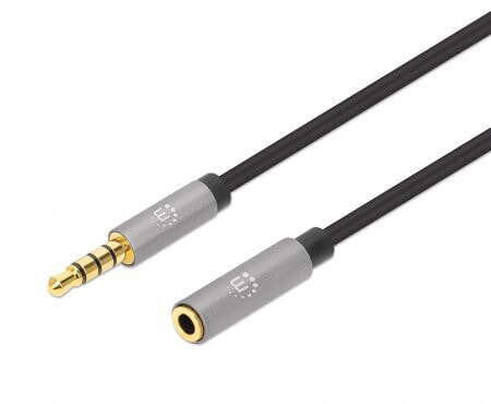 Manhattan Stereo Audio 3.5mm Extension Cable - 1m - Male/Female - Slim Design - Black/Silver - Premium with 24 karat gold plated contacts and pure oxygen-free copper (OFC) wire - Lifetime Warranty - Polybag - 3.5mm - Male - 3.5mm - Female - 1 m - Black - Silver