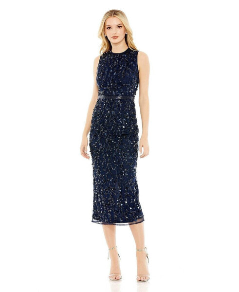 Women's Sequined, High Neck, Sleeveless Sheath Midi Dress