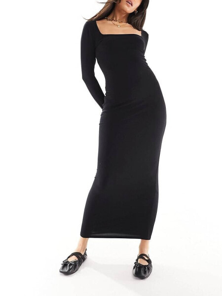Miss Selfridge long sleeve square neck super soft bodycon maxi dress in black