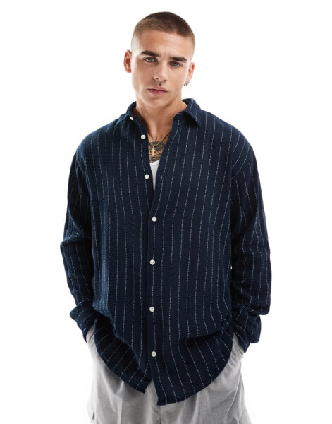 Jack & Jones oversized textured stripe shirt in navy