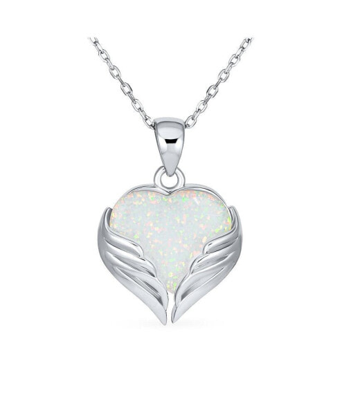 Romantic Love Gemstone Created Framed White Opal Heart Shaped Angel Wing Necklace Pendant For Women Girlfriend .925 Sterling Silver