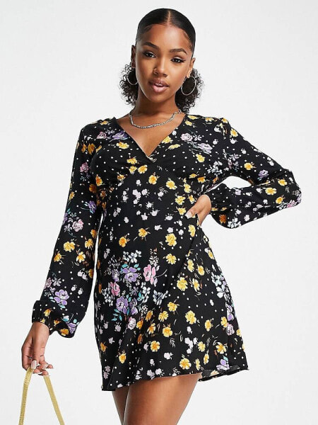 Stradivarius long sleeve mini tea dress in mixed floral print 