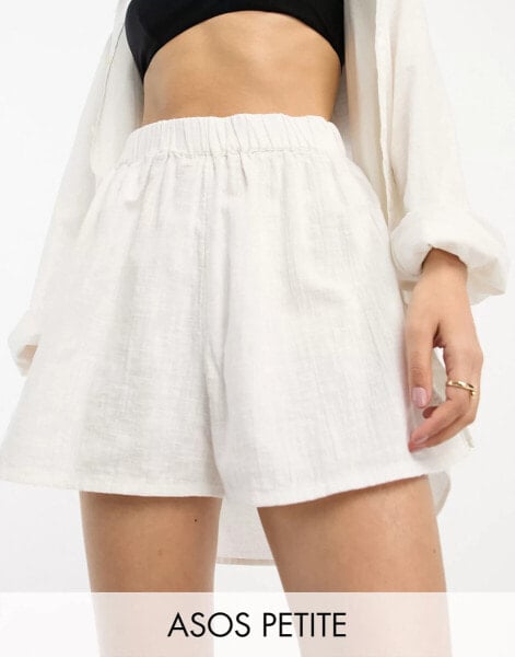 ASOS DESIGN Petite cotton textured beach short co-ord in white