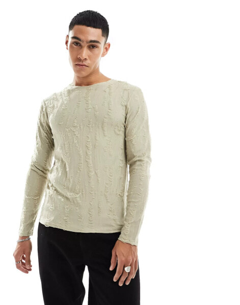 ASOS DESIGN muscle fit long sleeve t-shirt in beige distressed fabric