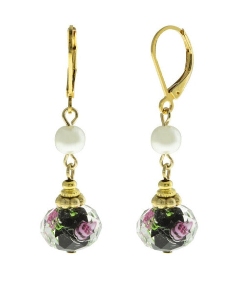 Gold-Tone Imitation Pearl and Black Floral Drop Bead Earrings