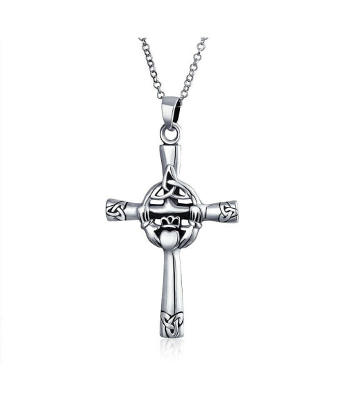 Spiritual Religious Irish Viking Eternal Trinity Celtic Knot Claddagh Cross Pendant Necklace For Women Oxidized Solid Sterling Silver