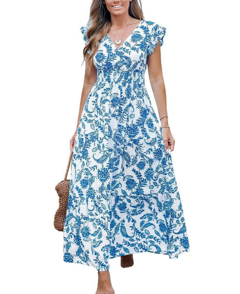 Women's Blue & White Floral Flutter Sleeve Maxi Beach Dress