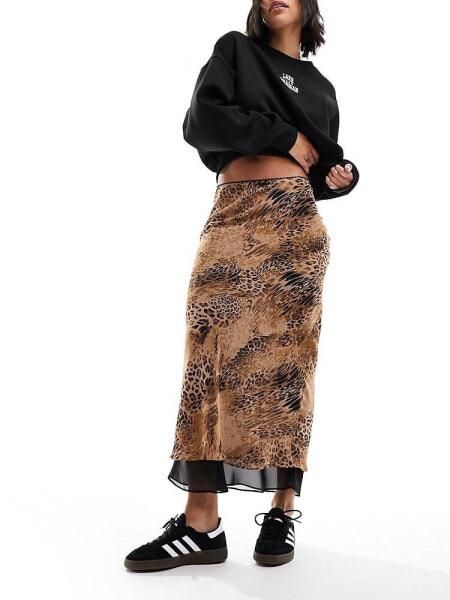 Miss Selfridge chiffon double layer bias maxi skirt in animal print
