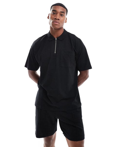 New Look 1/4 zip pique polo shirt co-ord in black