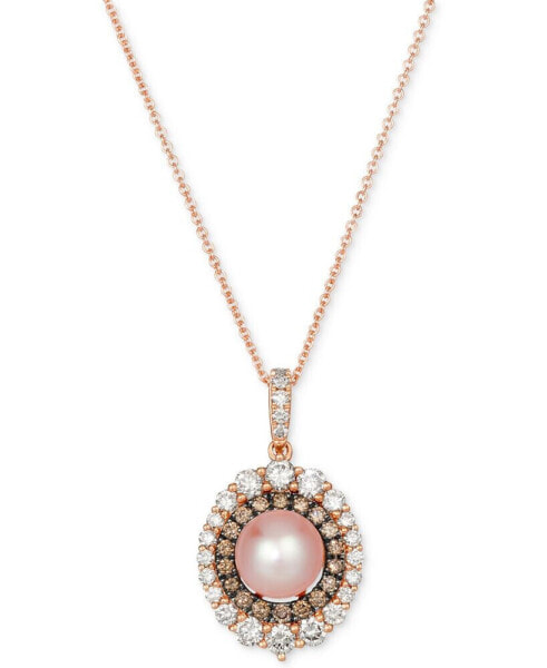 Le Vian strawberry Pearl (7mm) & Diamond (7/8 ct. t.w.) Double Halo 18" Pendant Necklace in 14k Rose Gold